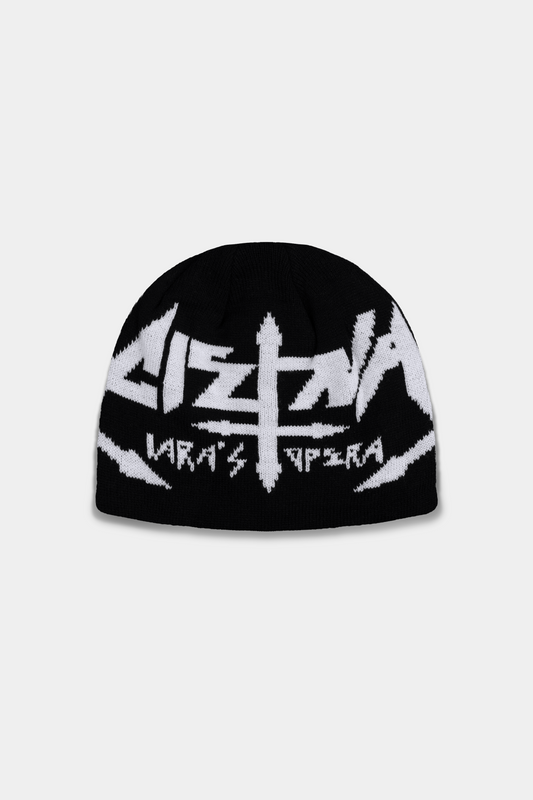 Touca preta Iara’s Opera Beanie em vista frontal com trama branca