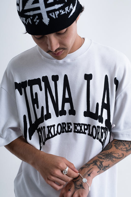 Detalhe da estampa Ciena Lab Folklore Explorer da CLFE Heavy Tee