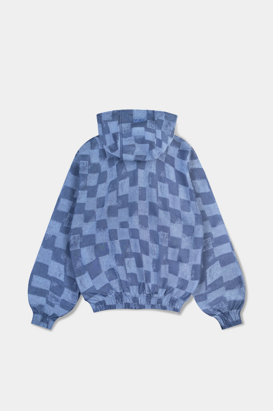 Jaqueta Denim Checkered azul em vista traseira com capuz