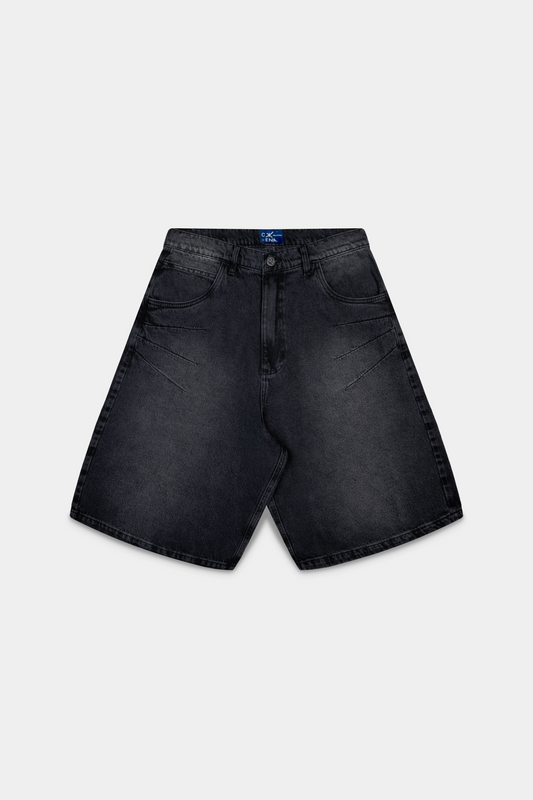 Bermuda jeans Asterix Black Jorts preta deitada, vista da frente