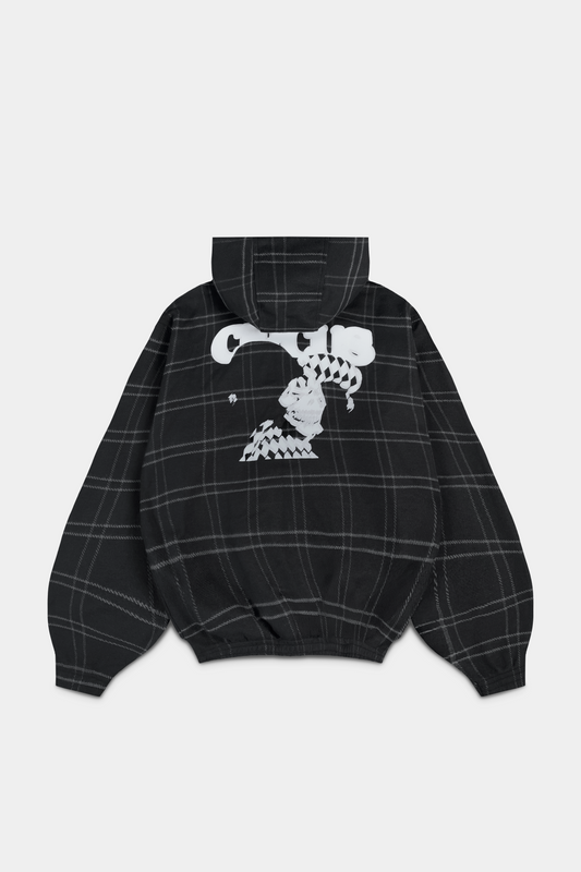 Moletom Joker Xadrez Hoodie preto com capuz e ziper deitado, com a arte do bobo da corte na frente