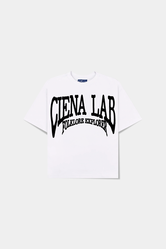 Camiseta off-white CLFE Heavy Tee em vista frontal com lettering Ciena Lab