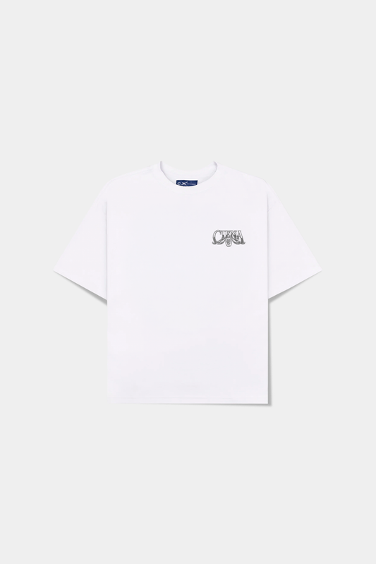 Camiseta off-white Escudo Classic Tee em vista frontal com estampa no peito