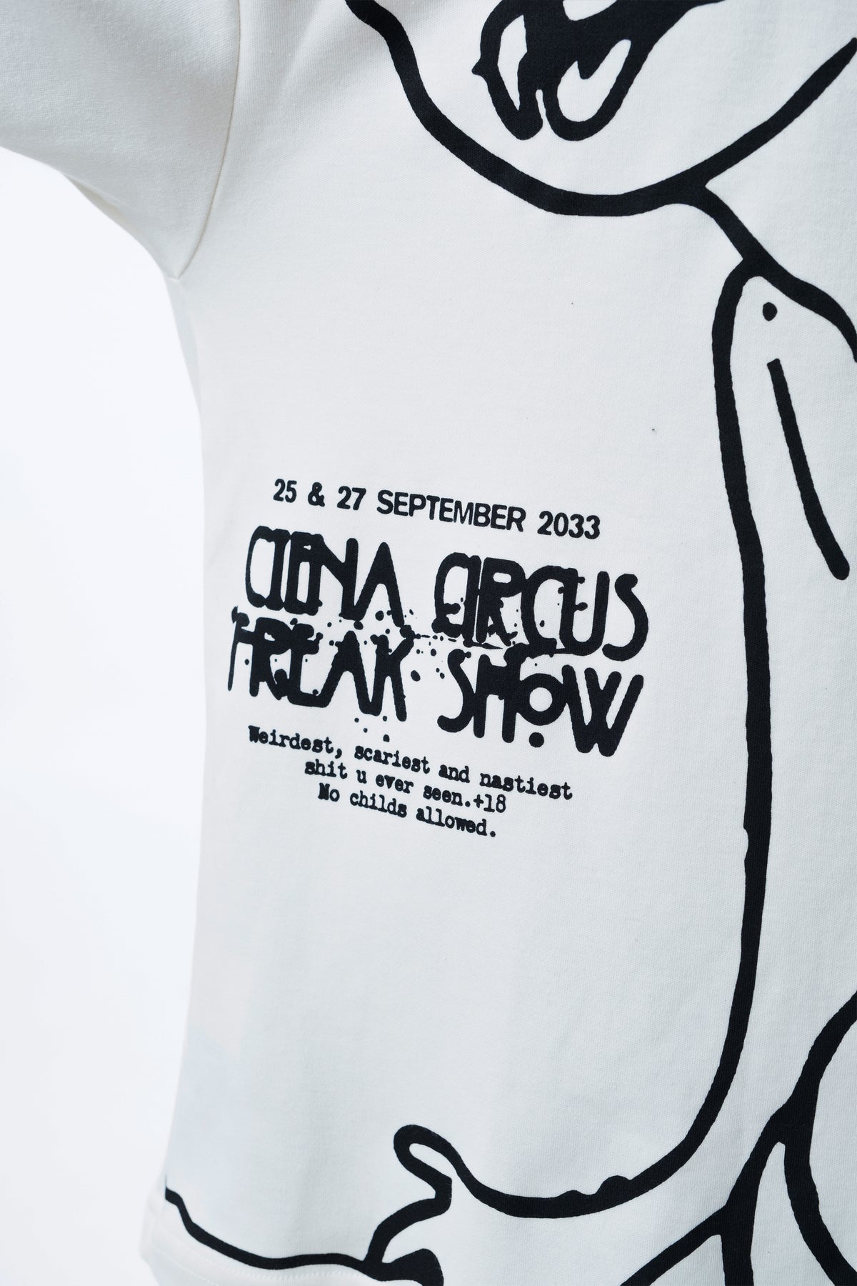 Detalhe aproximado do lettering Ciena Circus Freak Show nas costas da camiseta