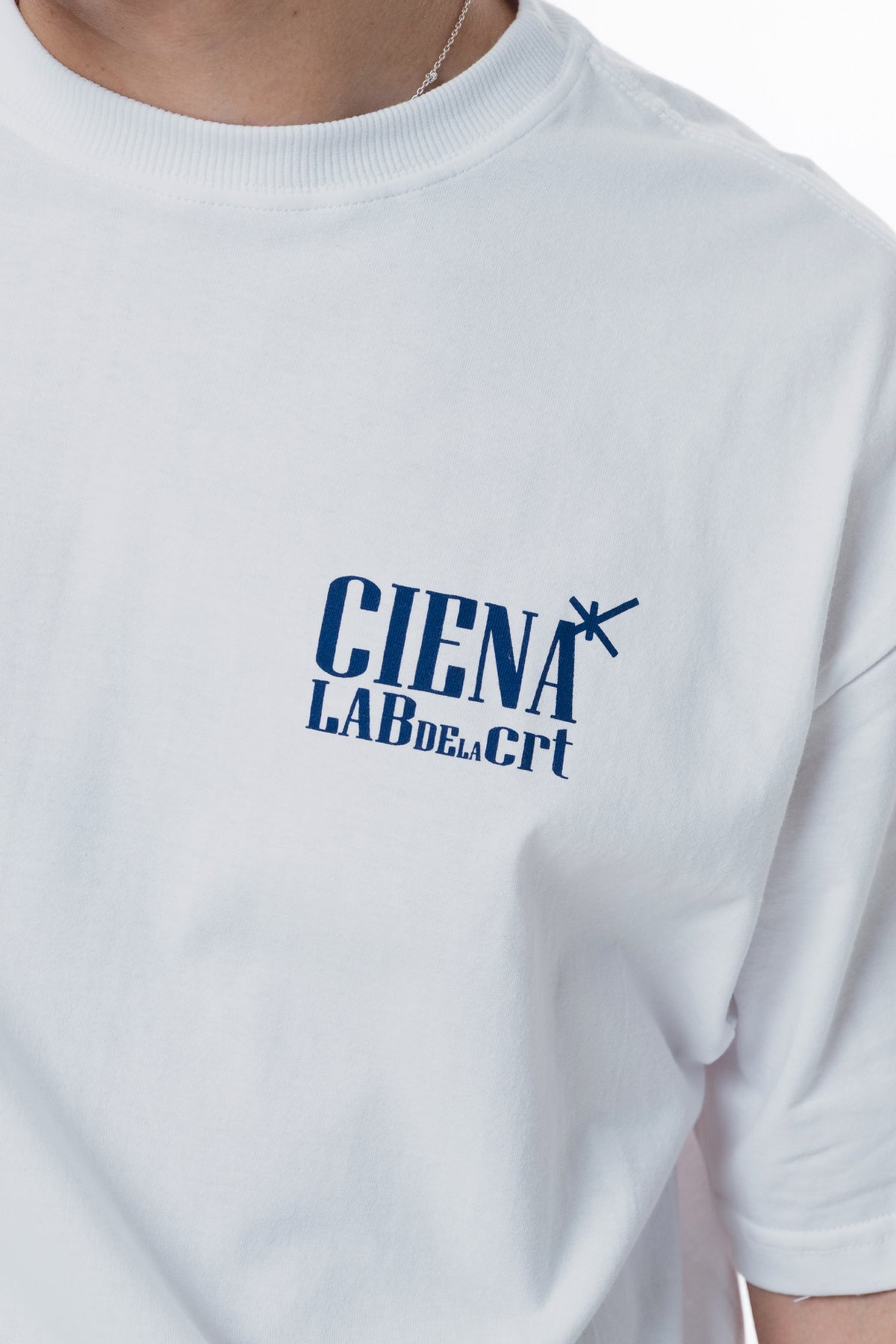 Detalhe do lettering Ciena Lab de la Creative no peito da A Danca Classic Tee
