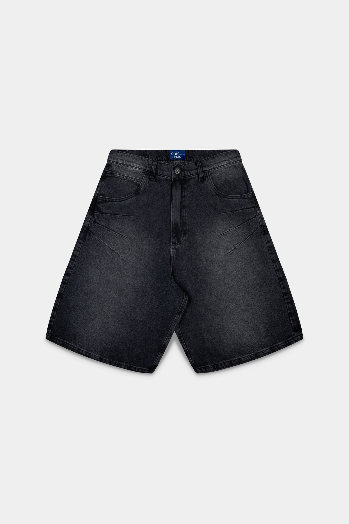 Bermuda jeans Asterix Black Jorts preta deitada, vista da frente