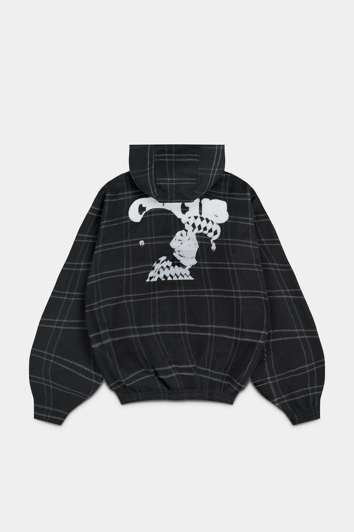 Moletom Joker Xadrez Hoodie preto com capuz e ziper deitado, com a arte do bobo da corte na frente