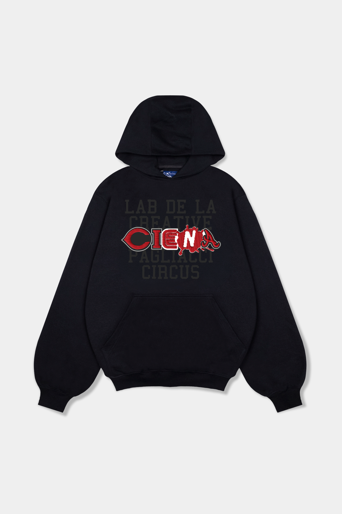 Moletom Circus Merch Hoodie preto com capuz deitado, com o lettering Ciena em vermelho na frente
