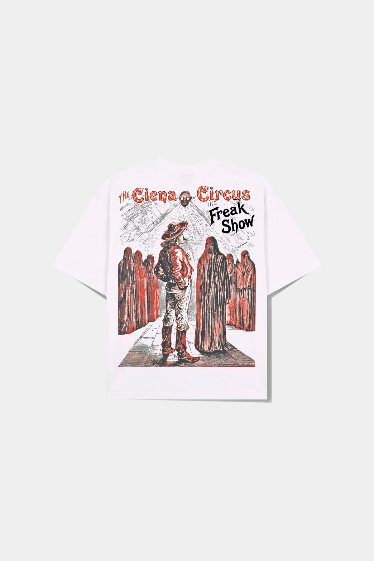 Camiseta Mystere Heavy Tee off-white deitada, com a arte Circus Freak Show em vermelho e preto nas costas