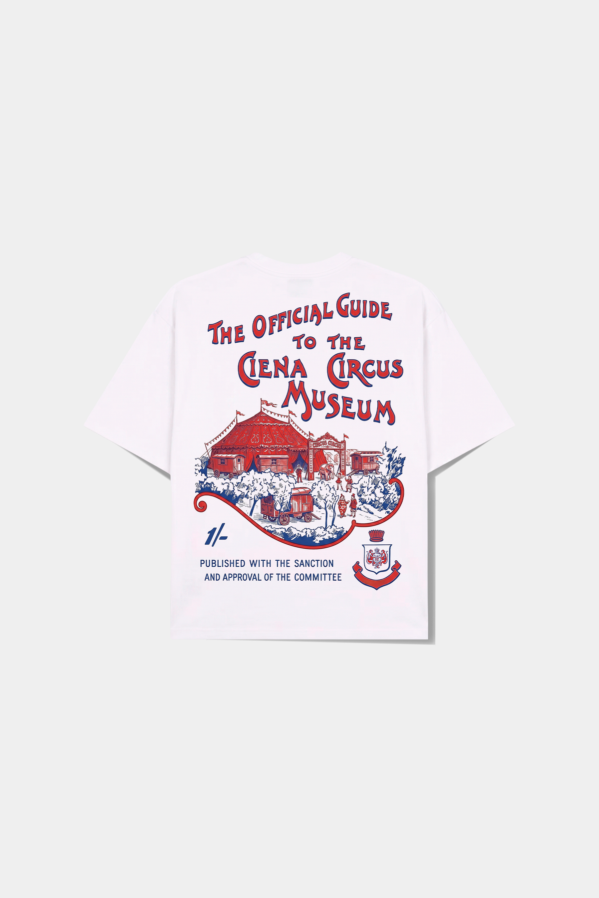 Camiseta Circus Newspaper Heavy Tee off-white deitada, com a arte de cartaz antigo de circo nas costas