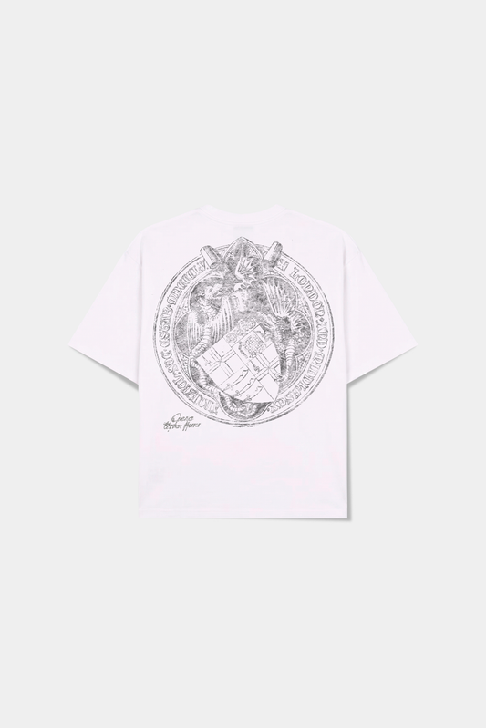 Camiseta off-white Escudo Classic Tee em vista traseira com estampa circular