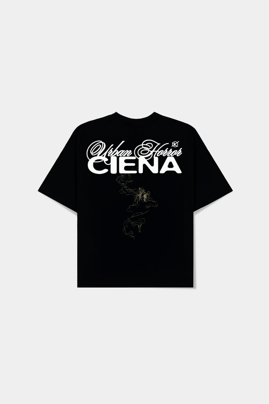 Camiseta preta Fada Heavy Tee em vista traseira com estampa Folklore Club CIENA