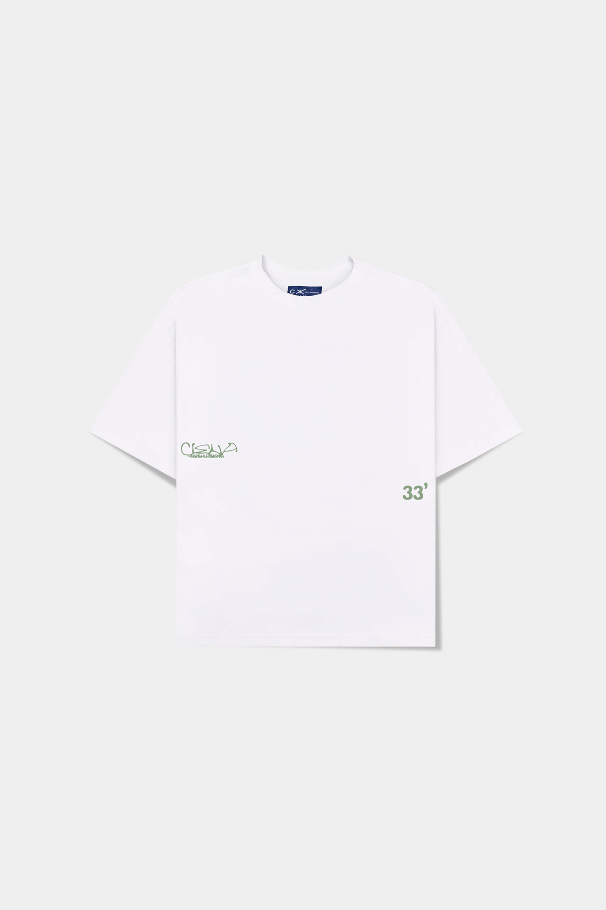 Camiseta Triboulet Classic Tee off-white deitada, frente com o lettering Ciena e o numero 33