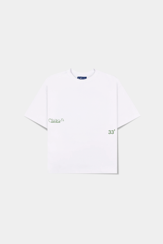 Camiseta Triboulet Classic Tee off-white deitada, frente com o lettering Ciena e o numero 33