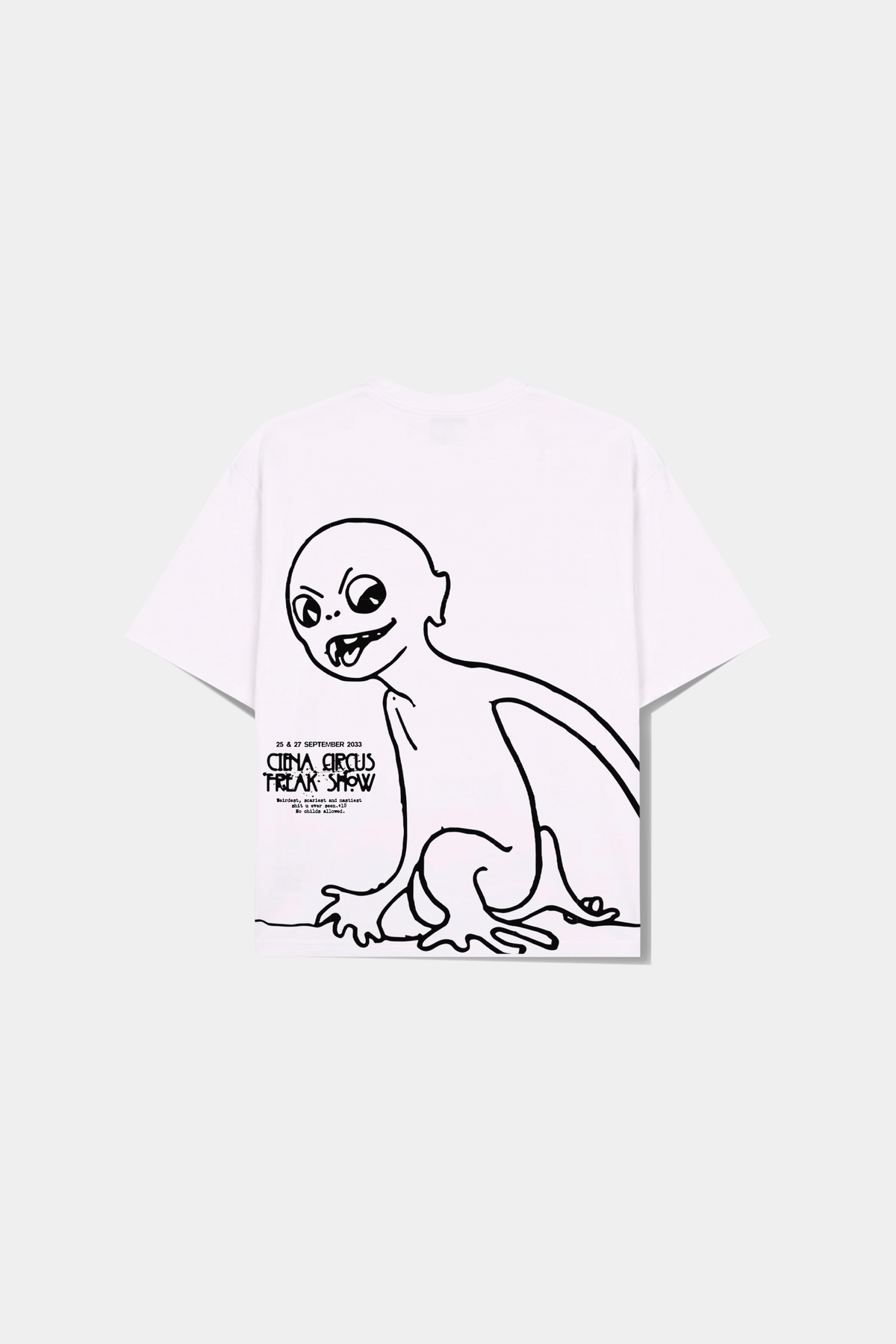 Camiseta Hypnotist Heavy Tee off-white deitada, com a arte em tracos pretos do personagem agachado nas costas