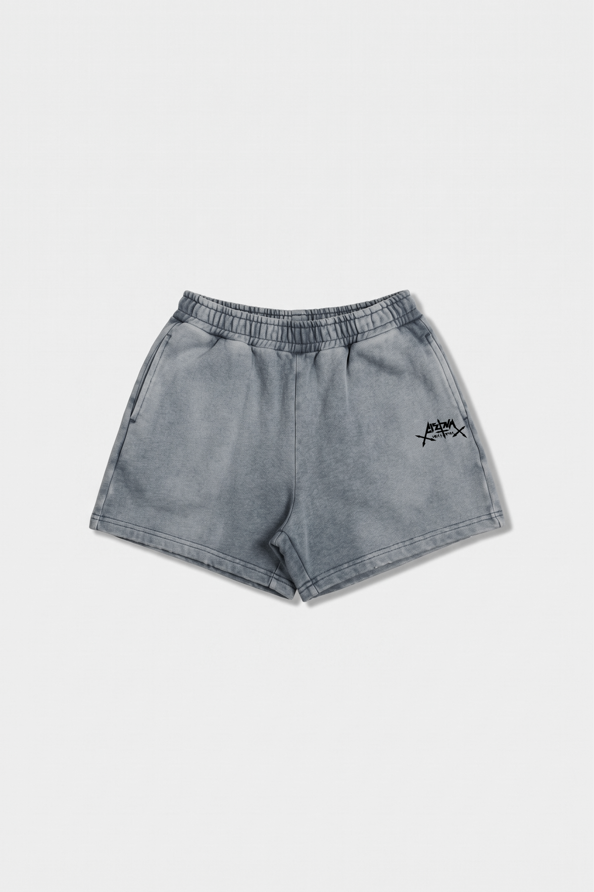 Shorts Aspalth cinza deitado, vista da frente em lavagem estonada
