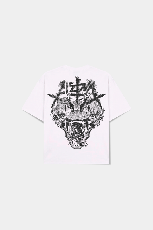 Camiseta off-white Boitatá Heavy Tee em vista traseira com ilustração