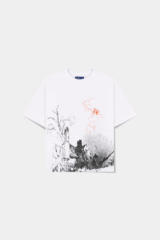 Camiseta off-white Casa Monstro Heavy Tee em vista frontal com cena ilustrada